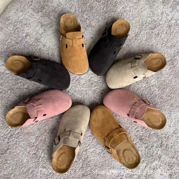 

new genuine leather suede versatile comfortable buckle open toe women's softwood slippers fashion simple slippers, Black