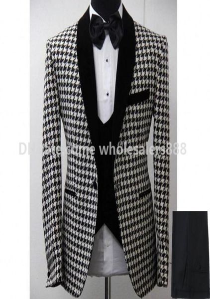 

new style groomsmen houndstooth groom tuxedos shawl black lapel men suits side vent weddingprom man jacketpantsvesttie 1446192, Black;gray