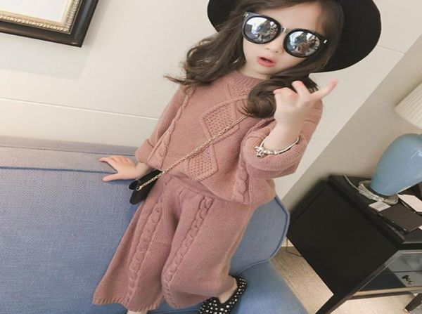 

kids knitted sets girls knitting sweater pulloverwidelegged pants 2pcs children princess set a45421466439, White