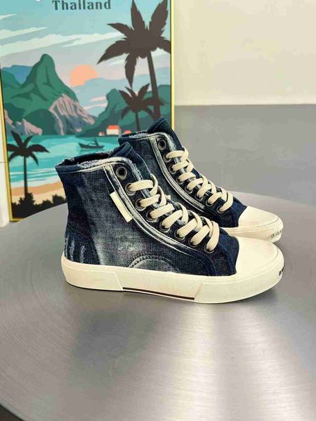 

2217 paris denim blue made old canvas shoes women's lace up round toe flat bottomed high board shoes washed old dirty shoes