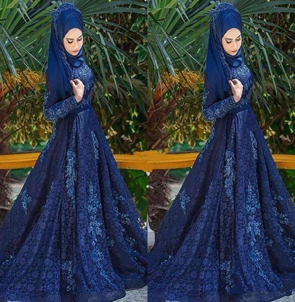 

navy blue muslim lace women formal evening dresses hijab long sleeves applique 2017 plus size a line formal prom party gowns6652656, Black;red