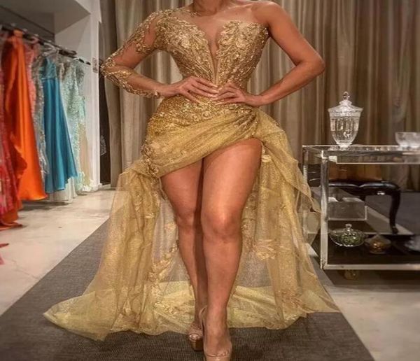 

gold one shoulder lace mermaid prom dresses 2022 long sleeves tulle applique ruched floor length evening gowns vestido de festa be5684109, Black