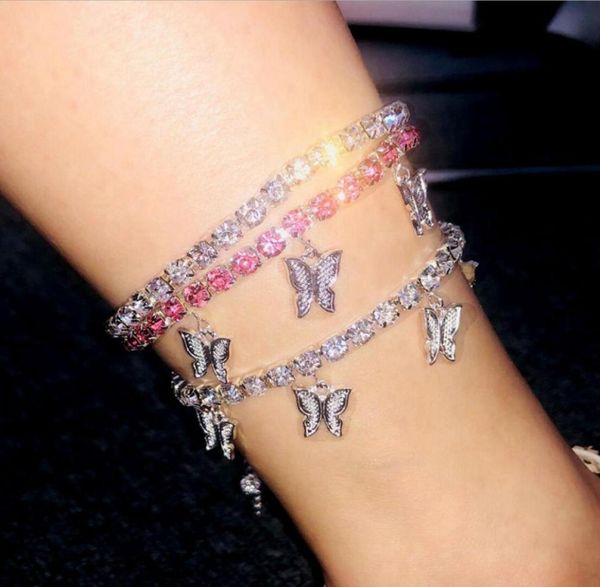 

fashion butterfly anklet iced out ankle bracelets gold silver tennis chain anklets womens hip hop jewelry8778166, Red;blue