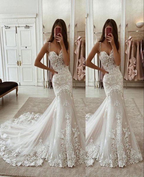

2020 new arabic aso ebi mermaid wedding dresses spaghetti straps illusion lace appliques court train tulle plus size formal bridal4128316, White