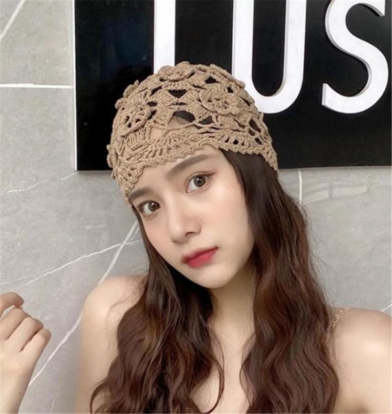 

beanieskull caps hat woman handknitted flowers hollow thin cap spring and summer lace breathable turban crochet toe cotton threa9223835, Blue;gray