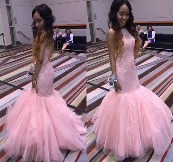 

2021 new pink evening dresses vestidos de fiesta mermaid prom dresses jewel neck beaded crystals backless long dubai evening gowns2191126, Black