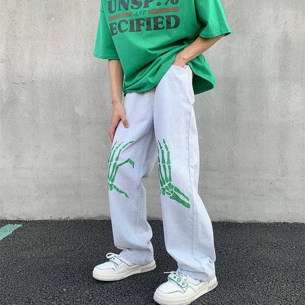 

men's jeans 2023 fashion skeleton embroidery white baggy men pants y2k clothes straight hip hop cotton long trousers ropa hombre, Blue