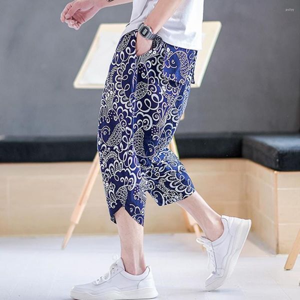 

men's shorts summer men pants flower printing multiple pockets elastic waist mid-calf length loose vintage wide leg cropped male, White;black