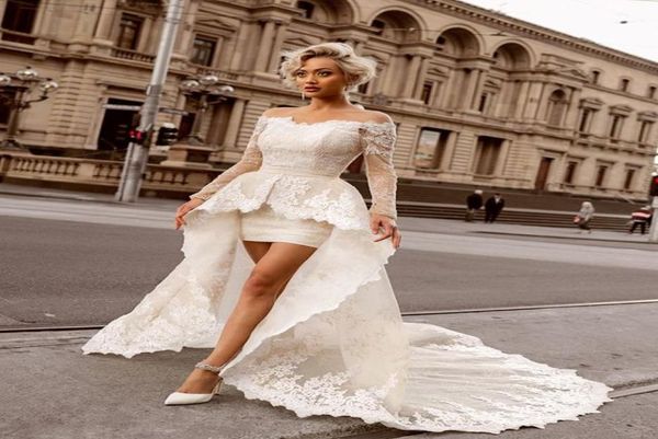 

off the shoulder lace wedding dresses sleeves high low summer beach wedding gowns sheath skirt bridal wedding wear abiti da sposa3457926, White