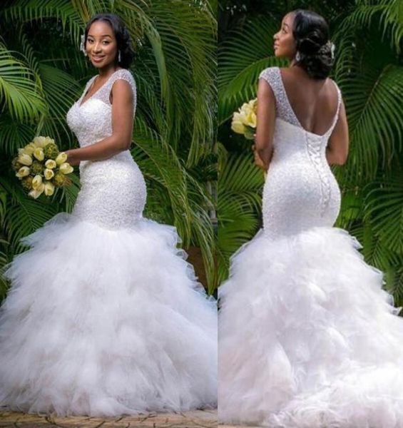 

vintage plus size mermaid wedding dresses beading sheer deep v neck backless corset ruffles tulle spring garden corset wedding bri6106189, White