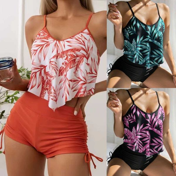 

new split flat angle drawstring color leaf printed ruffled women's bikini swimwear, White;black