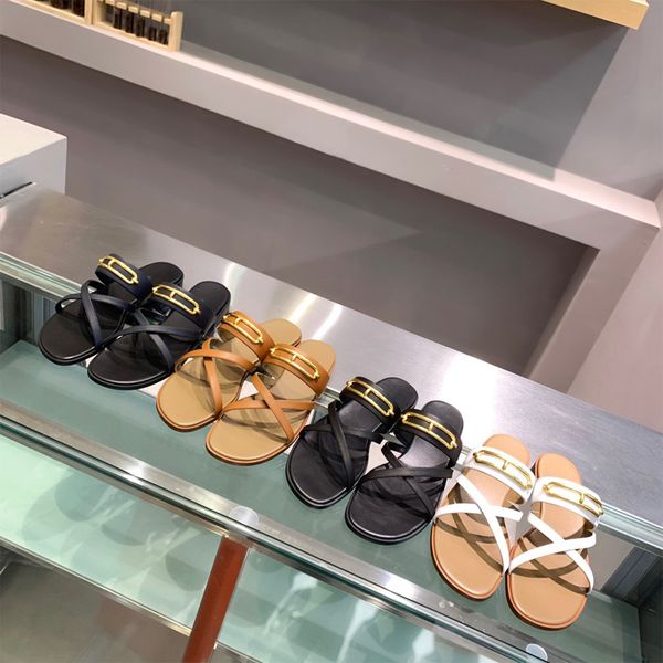 

designer slide gold plated buckle sandals woman slippers high-end genuine mold opening custom hand sewing designers flat womans shoe platfor, Black