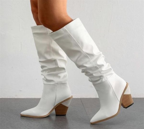 

brown black white pu leather cowboy knee high boots winter womens chunky heel boots pointed toe slouch western long boots lj2011305533322