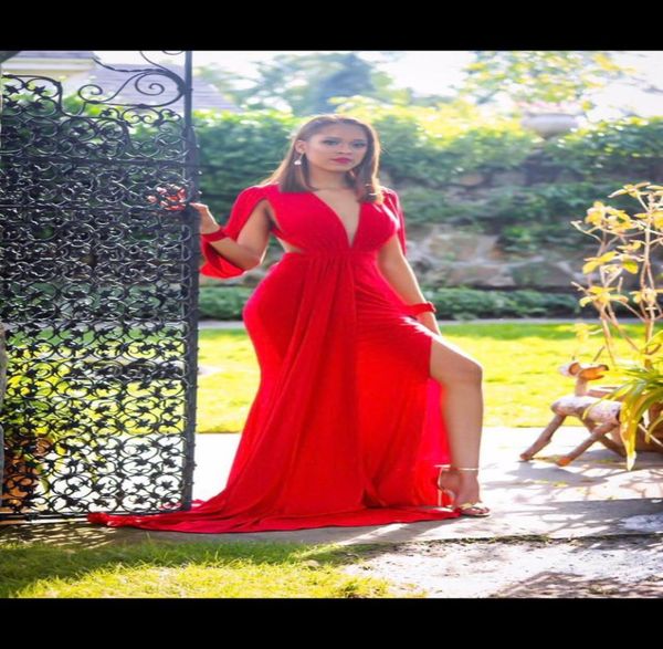 

red long sleeve formal evening dresses deep v neck long evening gowns leg slit african evening party dresses6935725, Black;red