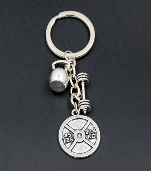 

10pcbarbell keychain gym keep fitness sport kettle bell and strong is beautiful charm body building key ring for men women1923879, Silver