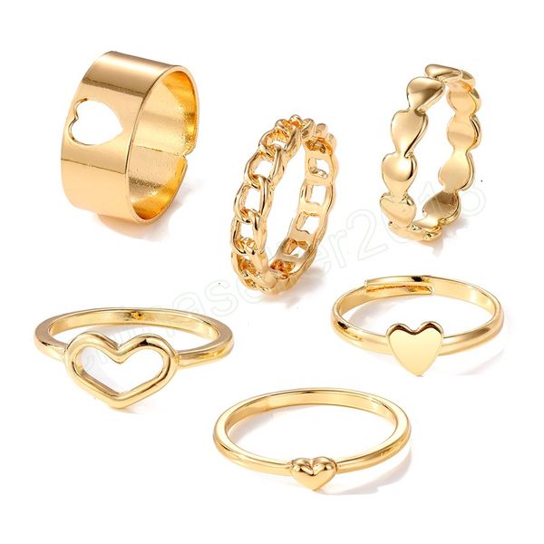

5 piece set gold color metal rings set chain heart love vintage ring for women fashion jewelry gift accessories, Silver