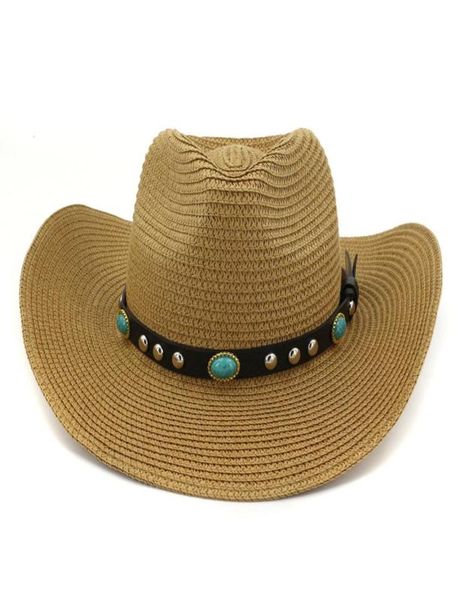 

fashionable summer beach hat cowboy paper straw hats for men women wide brim panama style sun visor cap with belt decor8072837, Blue;gray