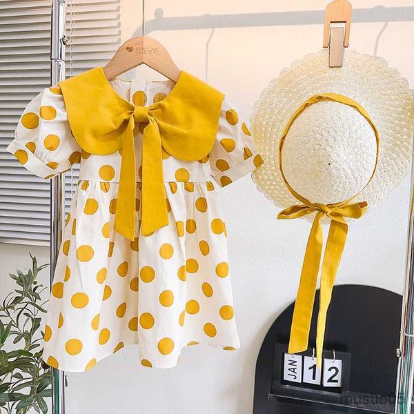 

girl's dresses girl's dress summer new girl's polka-dot dress children's lapel printed dress with hat kids clothes, Red;yellow