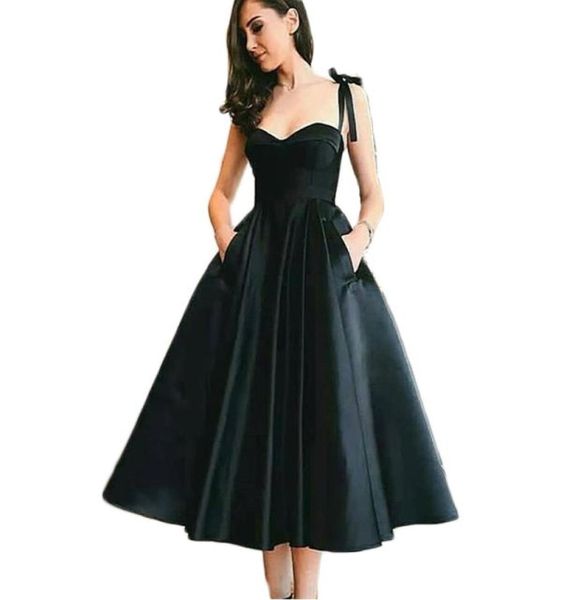 

spaghetti straps aline satin prom dresses tealength black formal dresses with pockets backless bridesmaid dress vestidos de gala4356263