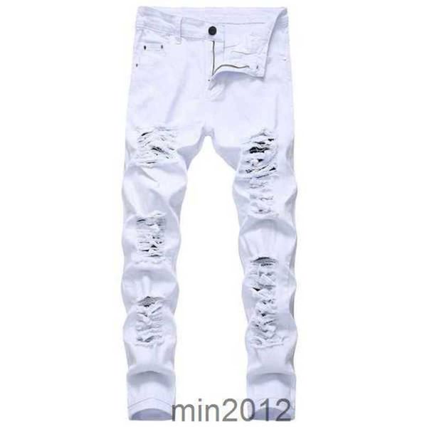 

men ripped white red black stretch slim fit spring autumn denim pants distressed hip hop streetwear biker jeansjs2g, Blue