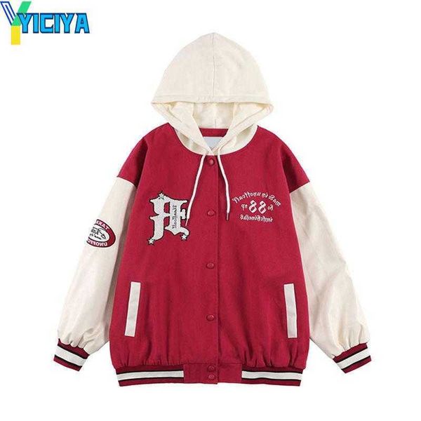 

yiciya men's jackets black red oversize vintage varsity jacket men leather sleeve with hood r letter embroid thin retro baseball bomber, Black;brown
