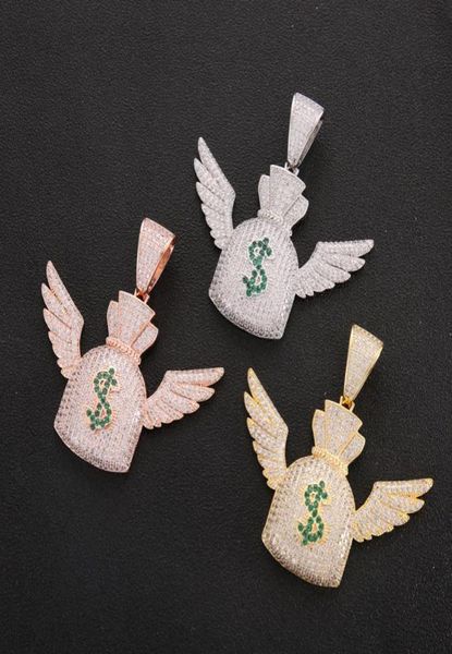 

iced out money bag pendant necklace charm gold silver rosegold color cubic zircon men hip hop jewelry7333097