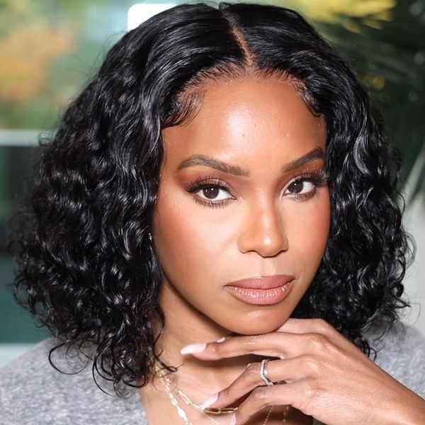 

short bob wig lace front human hair wigs for women brazilian curly water wave t part 4x4 closure 13x4 hd deep wave frontal wig, Black;brown