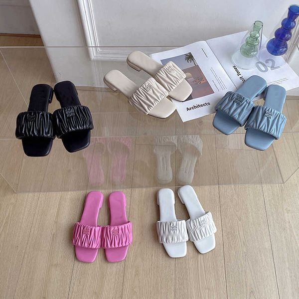 

nxy slippers summer brand women slipper fashion pleated slip on sandal flat heel outdoor casual beach slides shoes flip flop 230511, Black