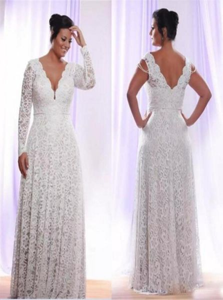

full lace plus size wedding dresses with removable long sleeves deep v neck bridal gowns floor length sheath a line wedding 5447690, White