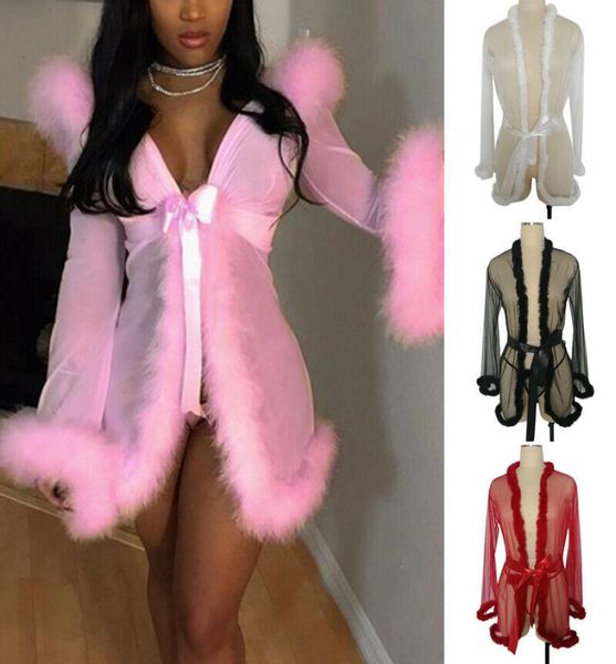 

faux fur wedding robes gown for women illusion custom long sleeve lingerie bridal sleepwear nightgown bathrobes3342397, White