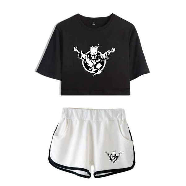 

t-shirt thunderdome music festival printed hip pop summer cool two pieces sets navel women tshirts+shorts harajuku fashion pullover set, White
