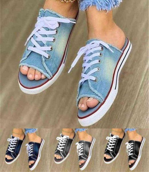 

women summer sandals flats shoes woman slippers slides lace up plus size denim jean sandalias mujer g2202185883867, Black