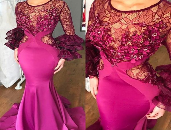 

graceful dubai mermaid prom dress jewel neck lace long sleeves beaded appliques party dress satin sweep train evening gown pr9552383, Black