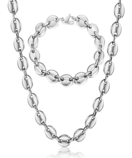 

earrings necklace stainless steel coffee beans bracelet set for men women 7911mm gold color marina link chain jewelry sets lks2333741, Silver