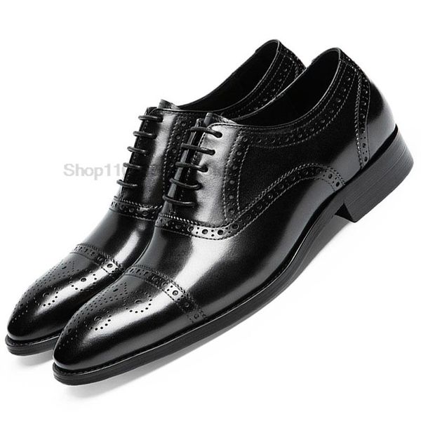 

luxury toe cap men genuine leather shoes lace up wedding office business pointed toe formal mens dress oxford shoes for men, Black