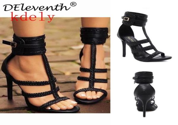 

sandals summer women black pu leather tstrap braided belt buckle stiletto high heeled shoes lady7271225