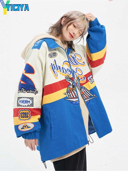 

yiciya men's jackets gmiixder american vintage jacket men's high street spring couples embroidered varsity coat contrast color spl, Black;brown