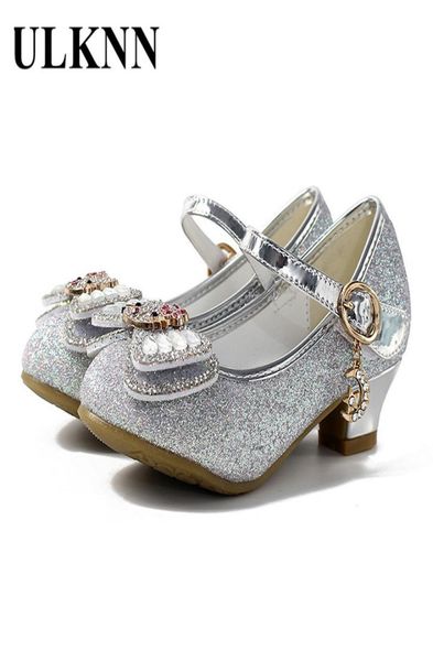 

ulknn children princess shoes for girls elegant butterfly knot high heel kids party shoes dress rubber pu wedding sandals dance2081647, Black;grey