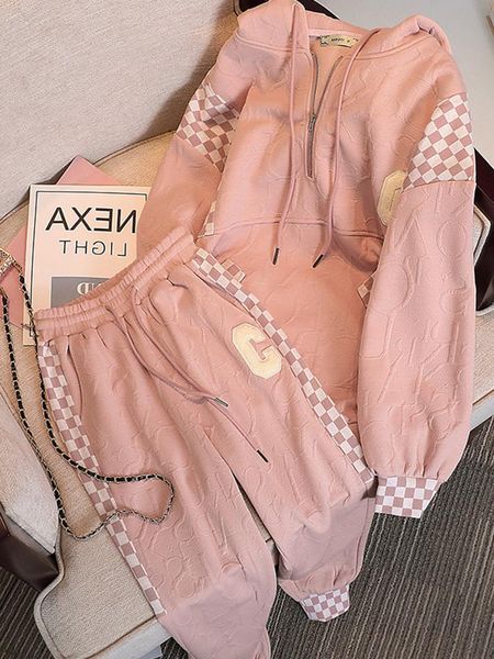 

pants jacquard sports suit women 2022 plaid long sleeve hooded sweatshirt+elastic waist wide leg pants two piece sets womens outifits, White