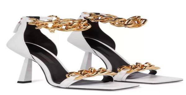 

fashion golden classic sandals calfskin gold chain decoration square head open toe elegant women039s wedding dress dinner walki9367218, Black
