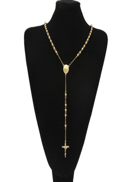 

gold stainless steel bead chain jesus christ cross pendant rosary long necklace mens womens hip hop jewelry250i2276714, Silver
