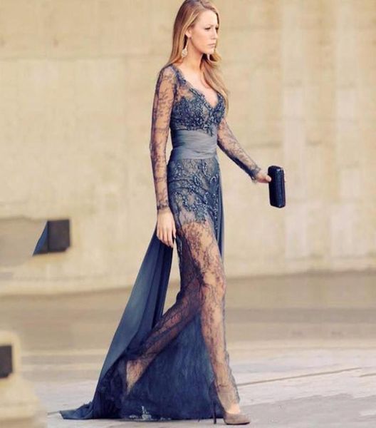 

gossip girl gray lace long sleeves prom dresses beaded illusion formal evening gowns sheer celebrity dress deep vneck specia9926471, Black