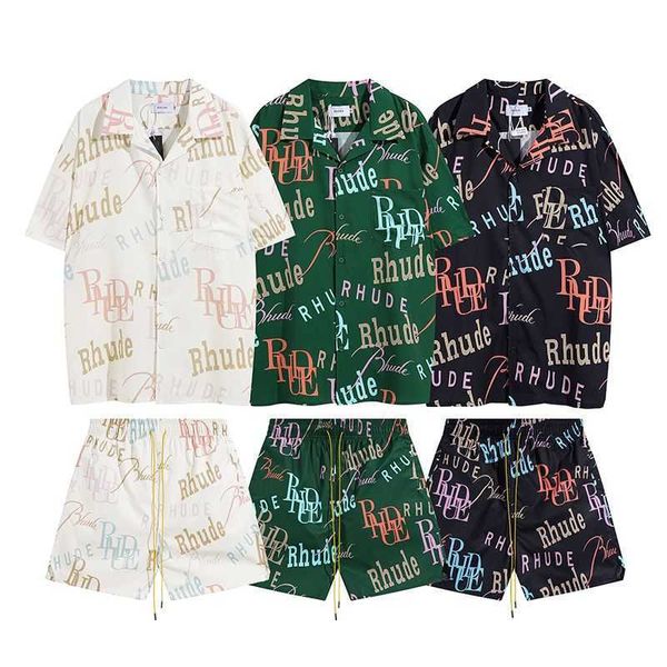 

meichao rhude aop patch bag casual fashion flower shirt trend youth summer set short sleeve, White;black