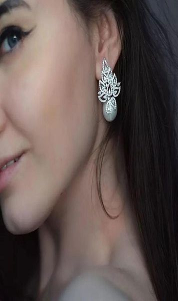 

godki imitation pearl leaf collection full micro cubic zirconia pave women bridal engagement earring jewelry addiction1717273, Golden;silver