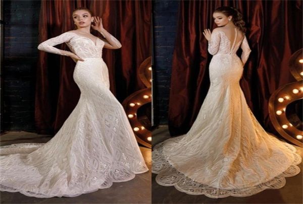 

2020 illusion mermaid wedding dresses sweetheart long sleeves appliqued beaded sequins bridal gown court train custom made vestido1304442, White