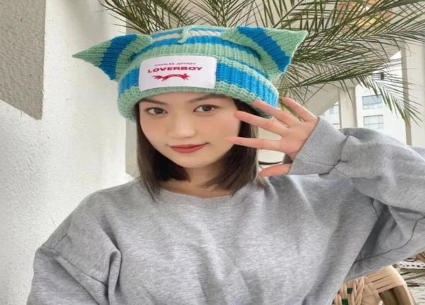 

beanieskull caps loverboy cat ear knit hat doublelayer warm pig woolen cute fashion6966313, Blue;gray