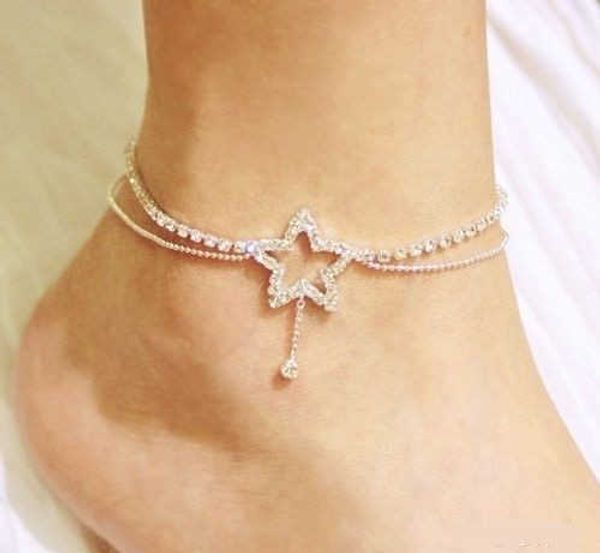 

anklets bohemian women fashion cute crystal five-pointed star beach anklet new hollow heart barefoot leg ankle bracelet foot jewelry aa23053, Red;blue