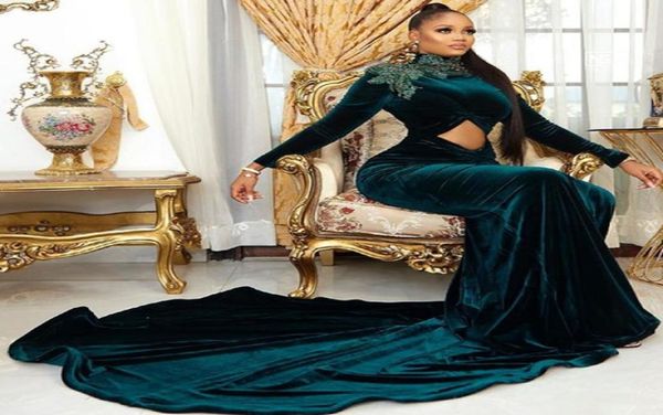 

2021 plus size arabic aso ebi dark green mermaid prom dresses lace beaded velvet evening formal party second reception gowns zj3038405408, Black