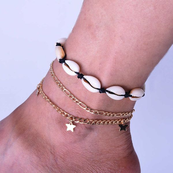 

anklets bohemian gold color star multi layer shell anklets vintage handmade tassel natural seashell anklet for women beach foot jewelry aa23, Red;blue