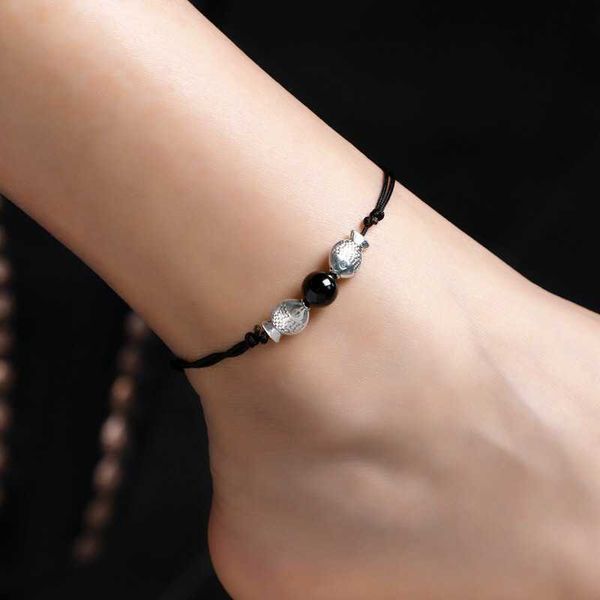 

anklets chinese style vintage woven rope anklet chain fish bell pendant adjustable foot chain anklet for women men gifts accessories aa23053, Red;blue